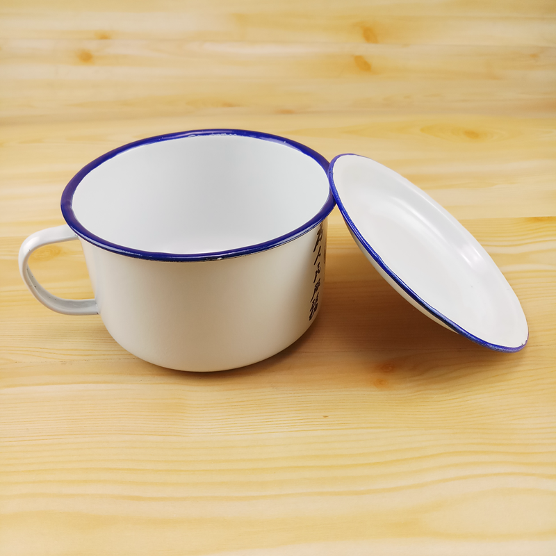 搪瓷碗带盖 老式搪瓷快餐杯怀旧茶缸泡面碗保鲜盒带把带盖搪瓷杯大饭