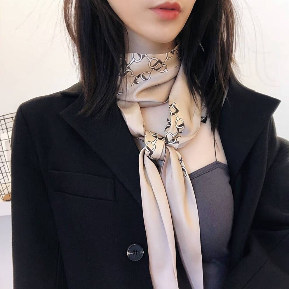 韩国2021新款小丝巾女百搭长款细窄长条尖角链条领巾两用包带发带