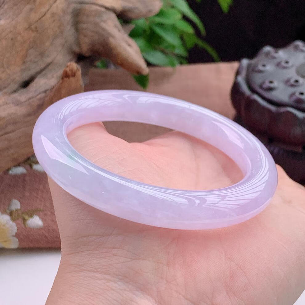 玉手镯少女翡翠缅甸冰种紫罗兰翡翠手镯圆条淡紫色翡翠玉镯子52号