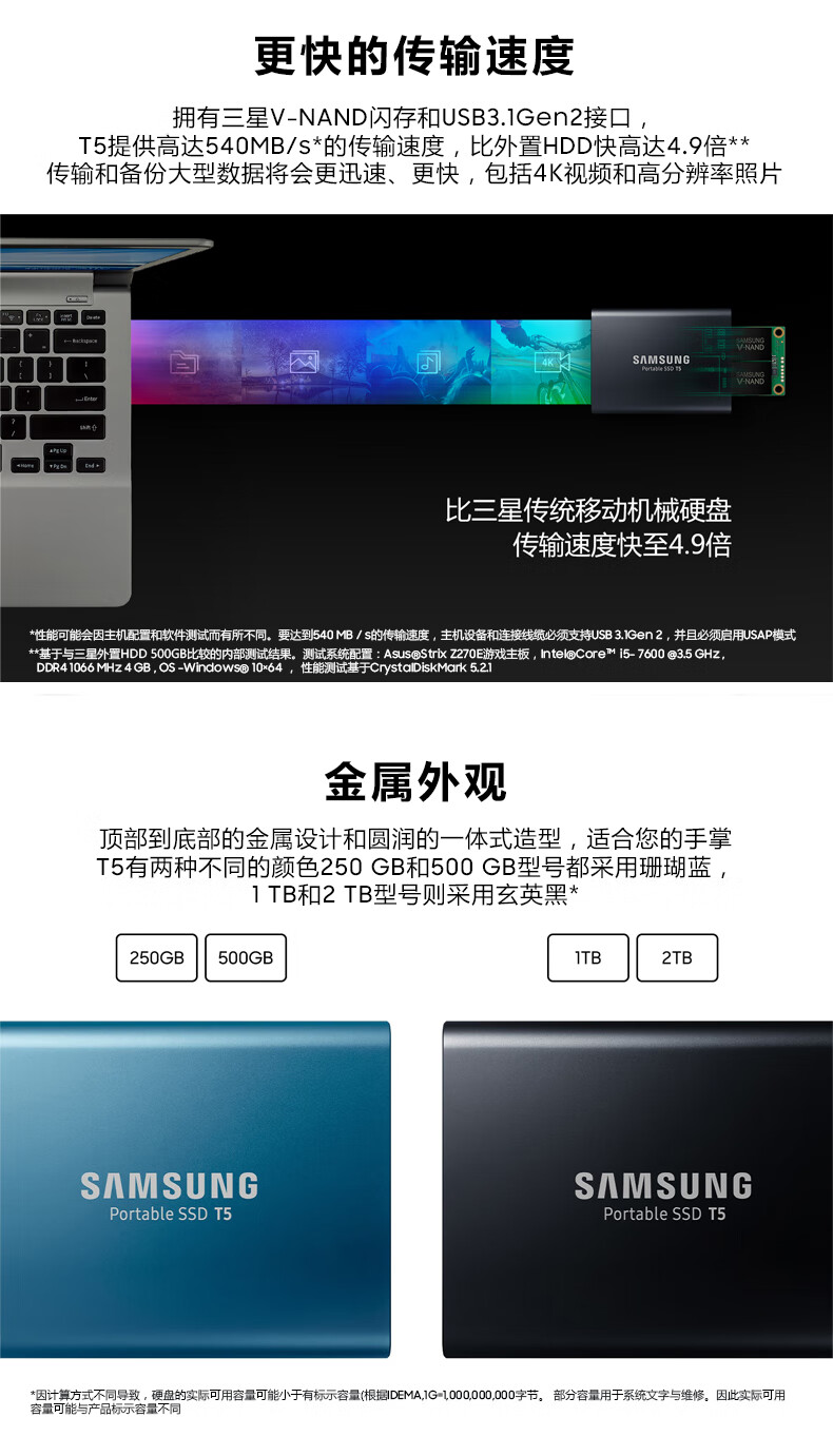 三星t5移动固态硬盘2t高速usb31小巧便携式加密typec移动硬盘2tb移动