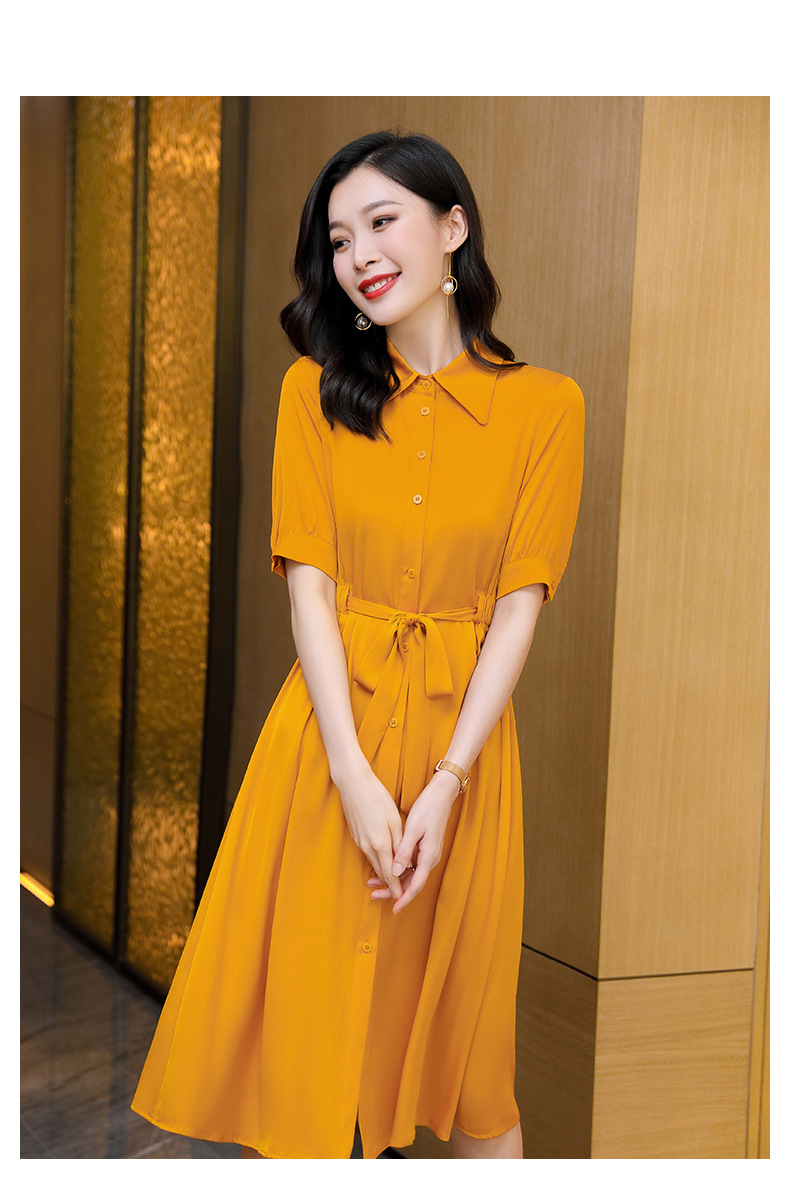 沫筱雪 重磅真丝连衣裙纯色翻领宽松显瘦腰带款桑蚕丝连衣裙- 黄色 l