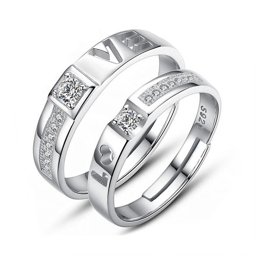 镂空love情侣戒指锆石微镶开口指环时尚简约英文字母爱心情侣对戒 j4