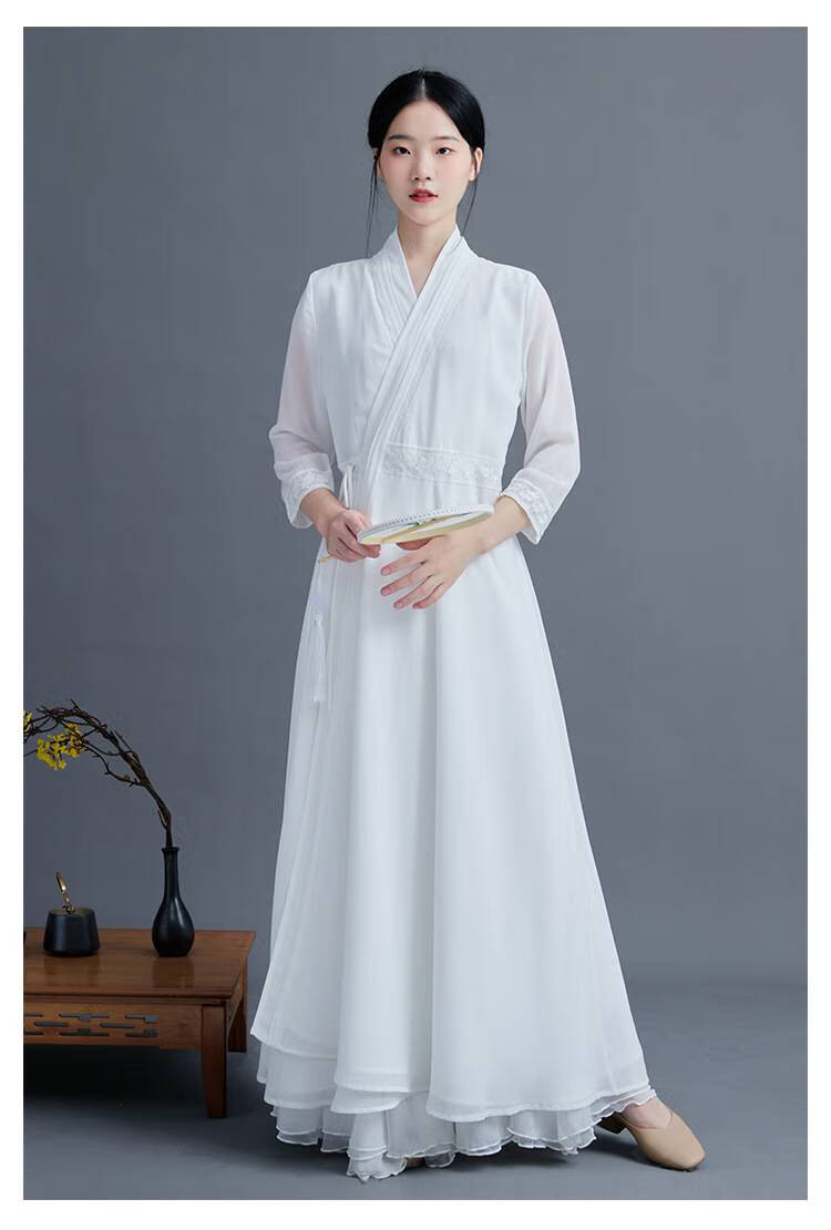 古筝服装艺考表演出服少女白色长裙古琴茶艺师仙气古风改良汉服 绿色