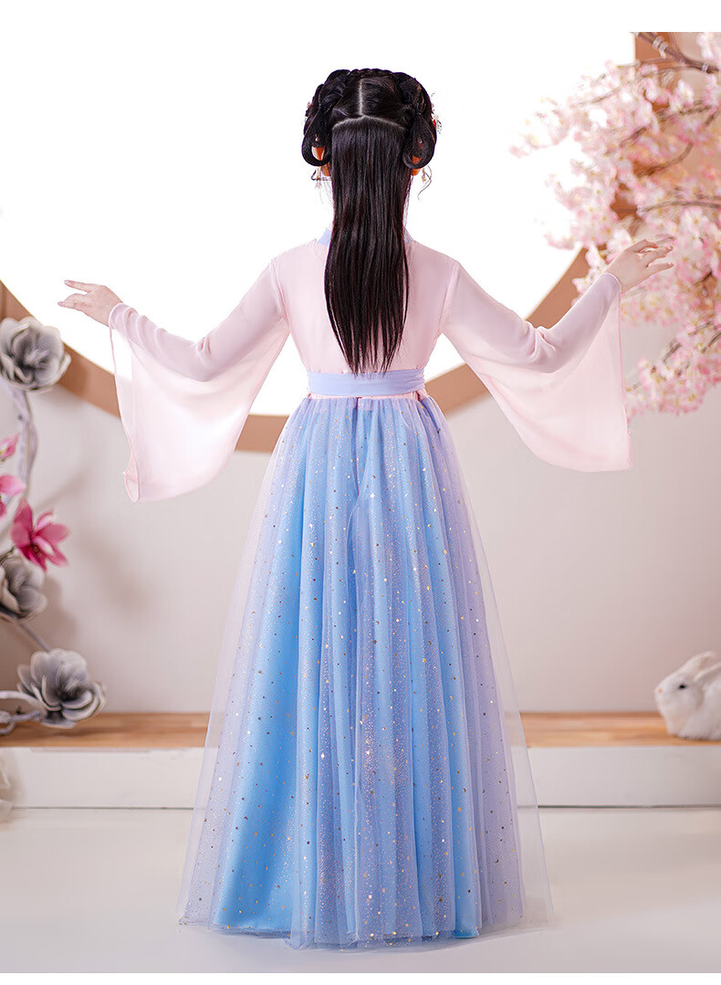 儿童汉服女童超仙古风连衣裙高端唐装童装小女孩襦裙春秋装浅蓝色100