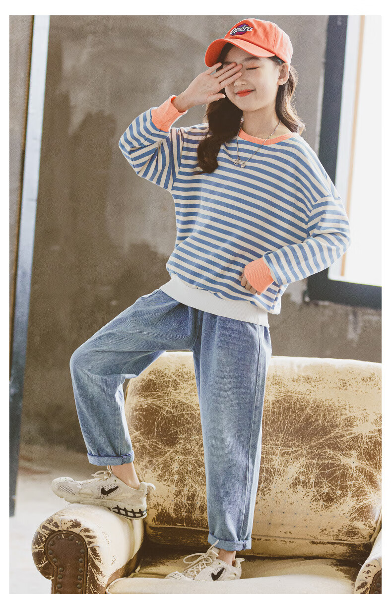 圣闲童装女童春装2022年新款秋季儿童洋气网红12岁女孩13女大童套装浅