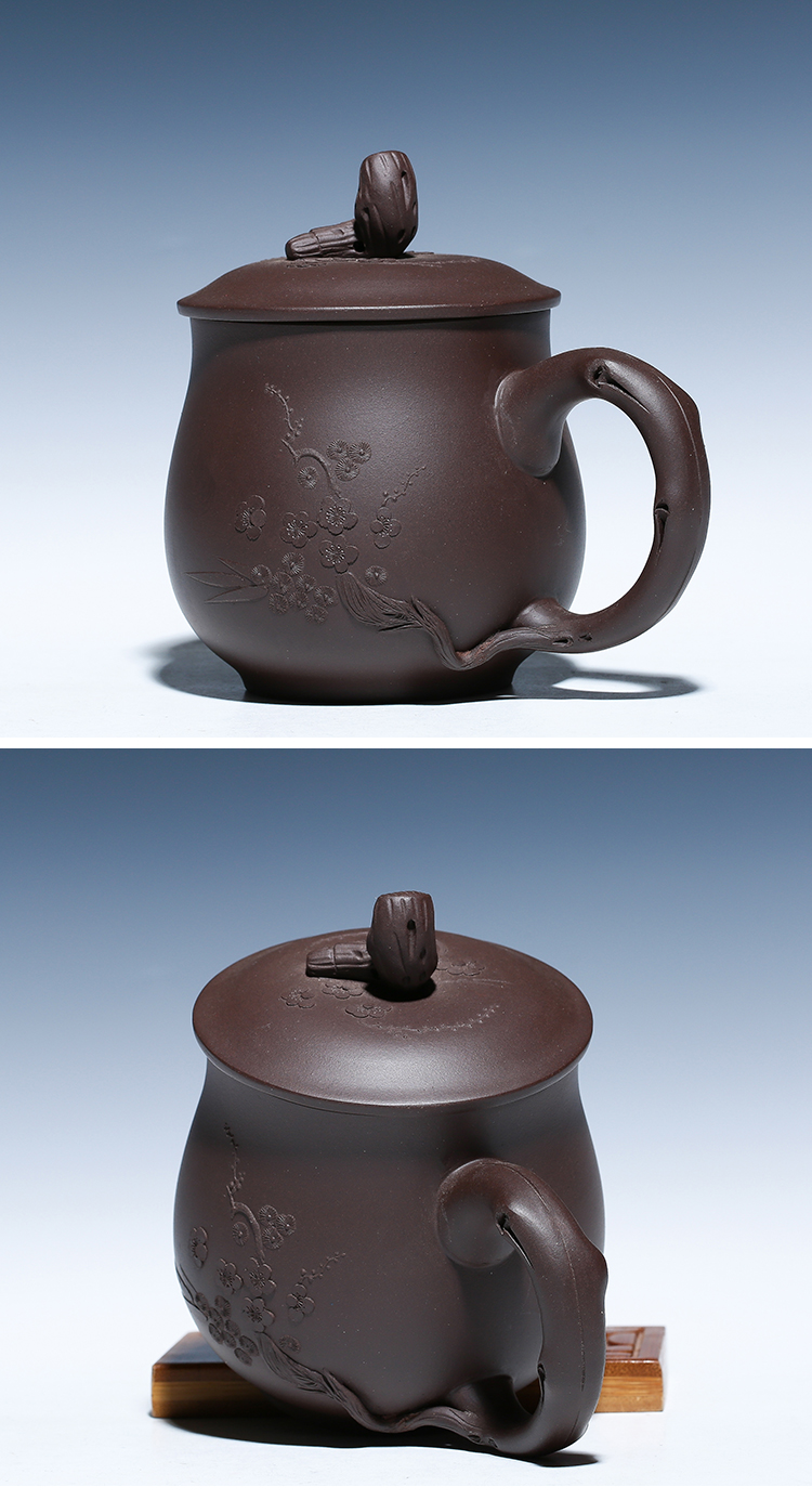 紫砂杯盖杯全纯手工老紫泥刻花办公杯茶具盒装紫砂杯子茶杯紫泥梅花杯
