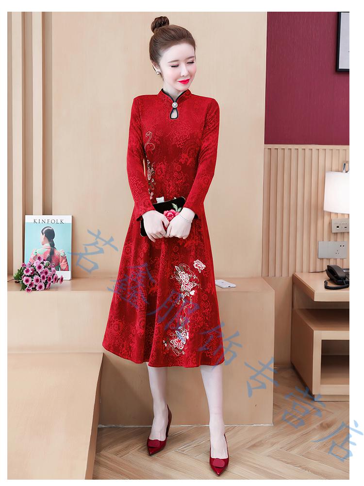 儿子结婚妈妈穿的喜庆衣服装秋冬季女旗袍改良连衣裙洋气加绒加厚中年