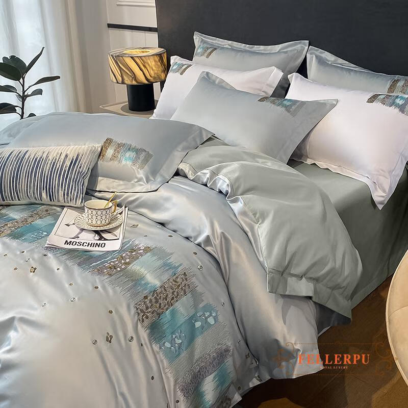 菲乐普fellerpu高端品牌婚庆纯棉四件套100纯棉被套床单刺绣结婚真丝