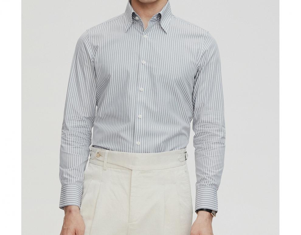 fullmonty2022春夏新品灰白条纹暗扣领长袖衬衫男士商务休闲修身感