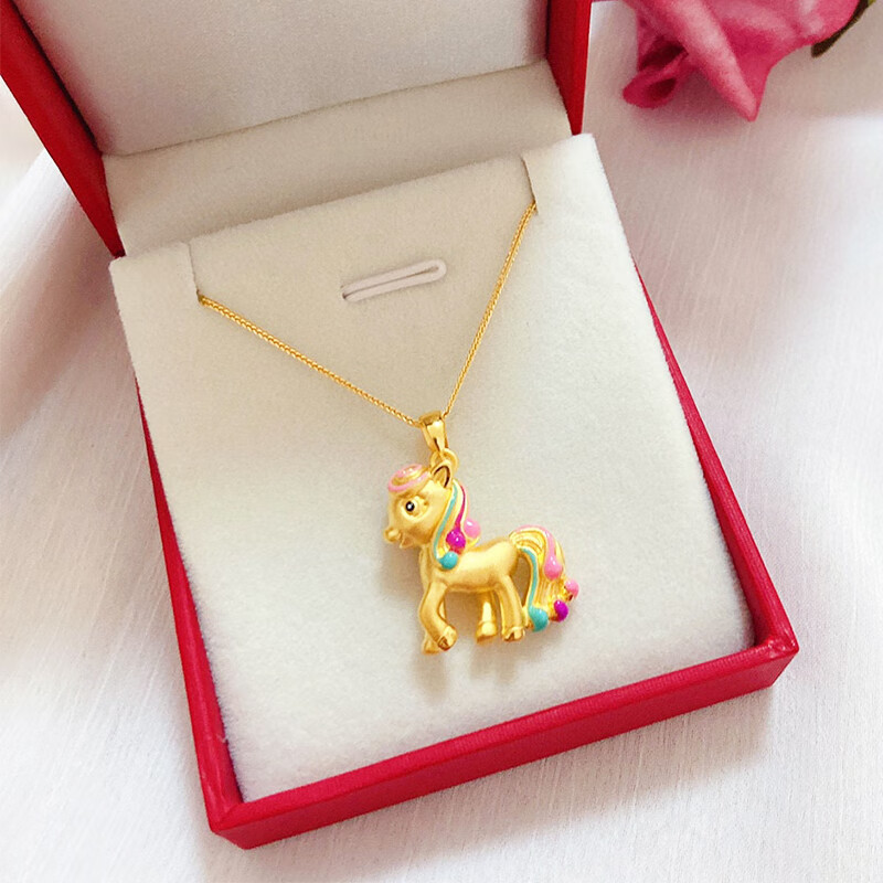 老凤凰足金999彩虹马吊坠黄金珐琅生肖马项链挂坠女款3硬金小马驹坠子