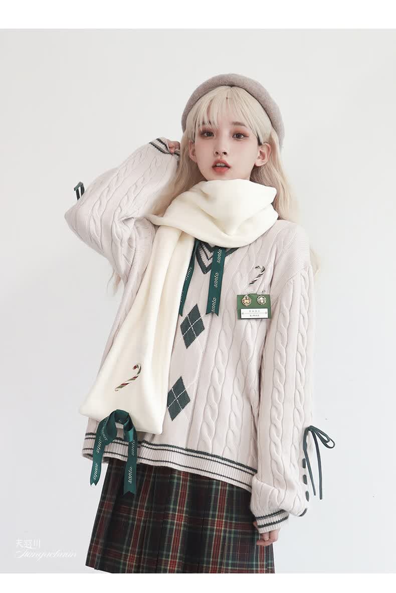 天羽川jk毛衣秋冬季女上衣套头长袖圣诞节限定款衣服内搭雪 毛衣白色