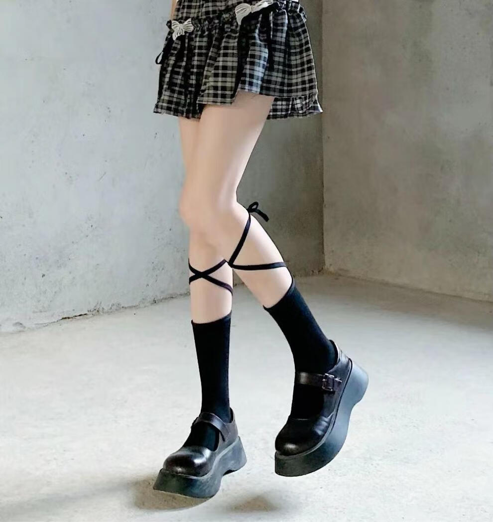 suidou绑带袜子女日系jk系带交叉中筒长袜lolita黑色小腿袜白色ins潮
