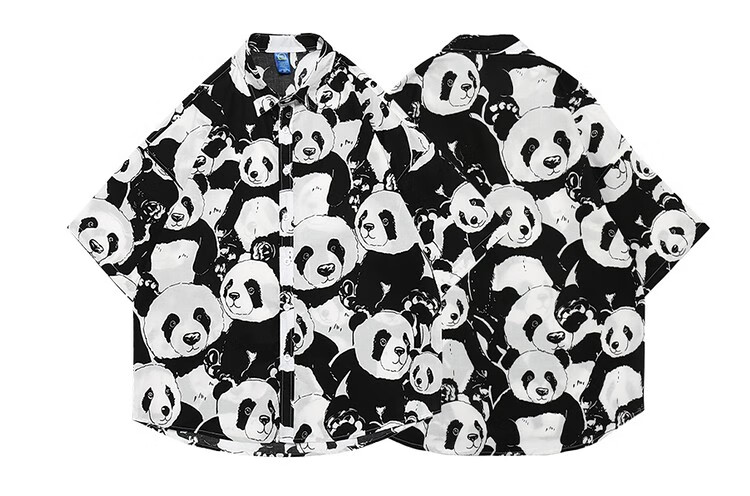 soinku潮型库美式潮牌熊猫印花短袖衬衫男夏季潮流休闲宽松男生半袖