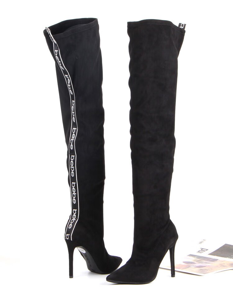 【大码超长过膝靴】靴绒面尖头侧拉链细跟长靴过膝靴字母拼接高筒靴潮