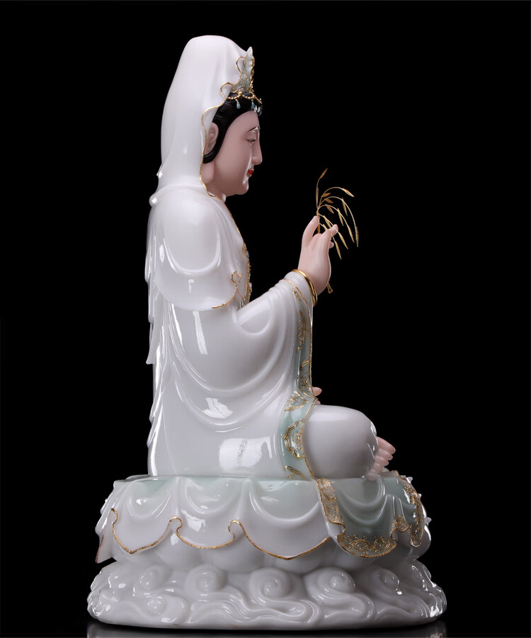 汉白玉石雕 南海观世音菩萨像摆件 16寸观音(绿衣镶金)/尊【图片 价格