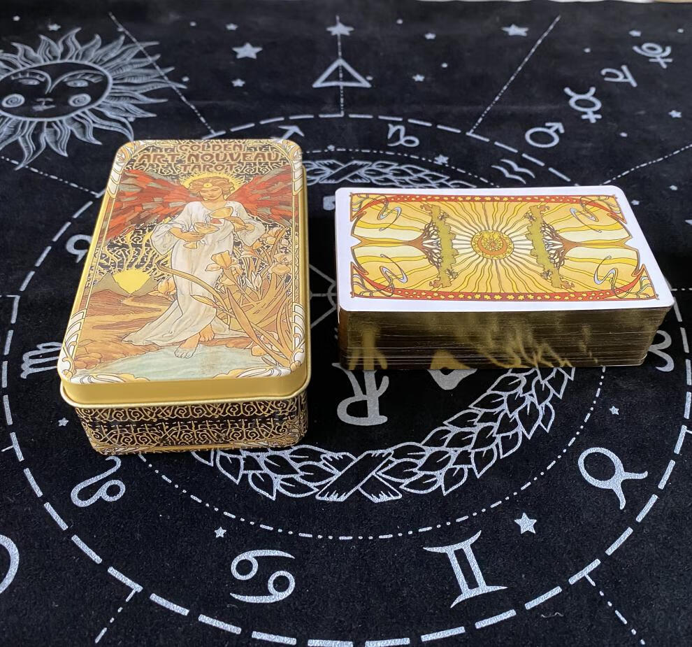 goldenartnouveautarot黄金色艺术塔罗英文卡牌铁盒装烫金边黄金色