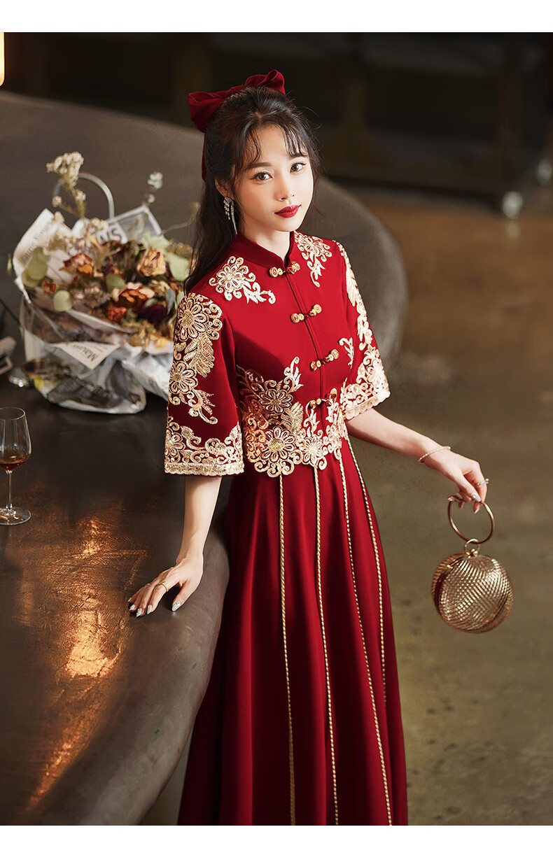 大码秀禾服新娘礼服200斤胖mm中式结婚服孕妇结婚敬酒服 花型(酒红色)