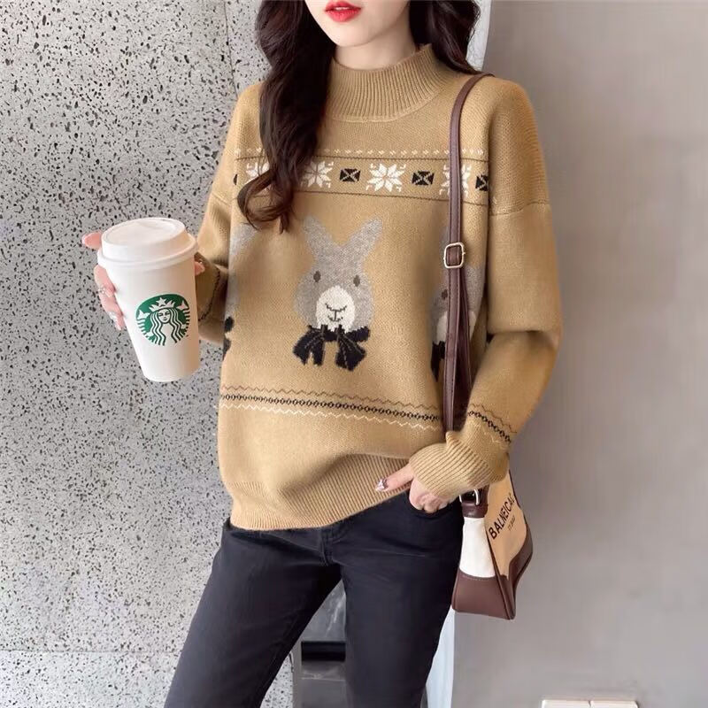 cifimi昔米菲针织衫女2022秋冬新款圆领提花卡通针织毛衣套头女装