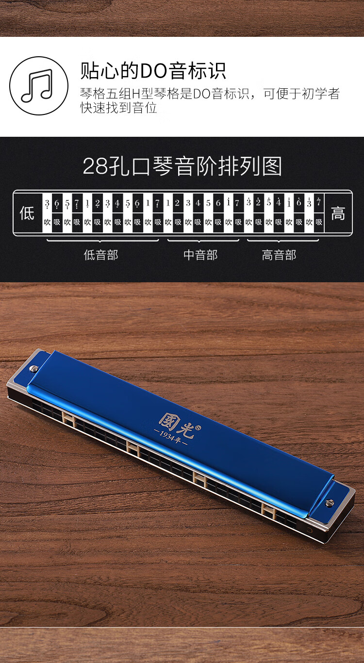 国光口琴28孔复音重音初学者儿童学生成人男女自学入门演奏级银色重音