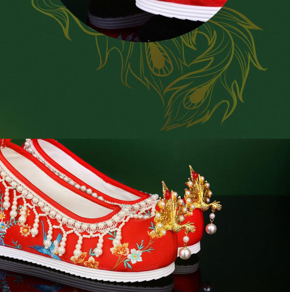 婚鞋女2022年春款凤凰头装饰红色秀禾鞋古风新娘结婚绣花中式婚鞋藕色