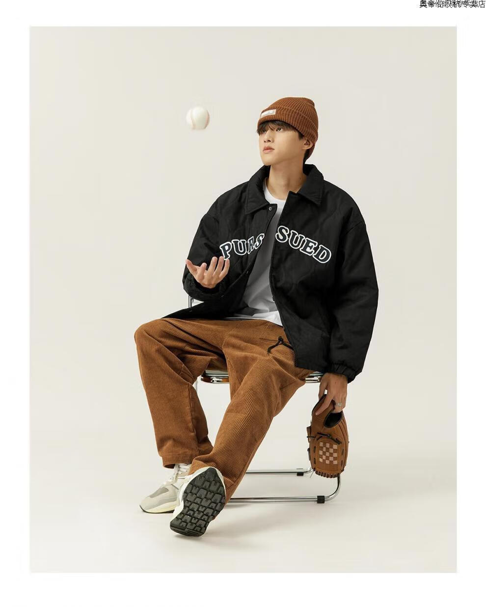 mane 潮牌宽松衣服男日系复古色字母印花外套秋冬加绒加厚潮 黑色 m