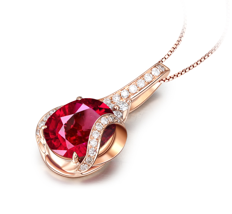 法帝旗轻奢品牌18k金红宝石项链女鸽血红红碧玺吊坠 18k玫瑰金钻石
