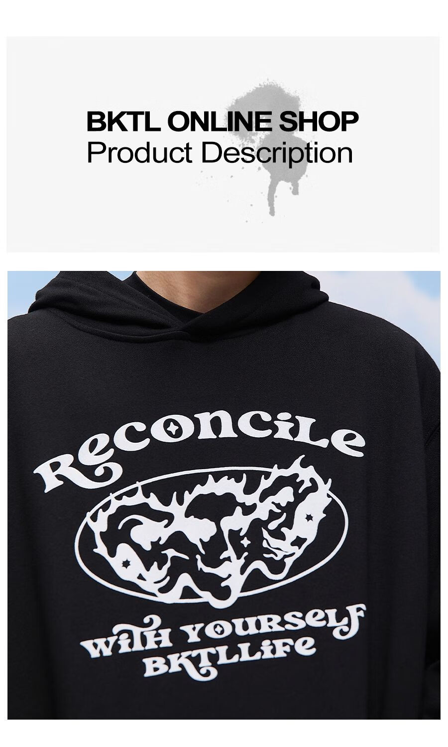 bktl 植绒印花美式复古hiphop宽松卫衣连帽男女ins国潮牌秋冬 黑色