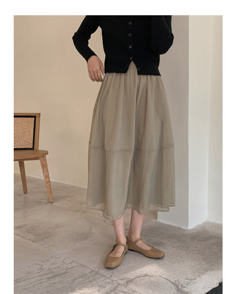 鹿屿仙气质纱裙大摆裙高腰显瘦半身裙女伞裙a字咖色中长裙 黑 s 80-95