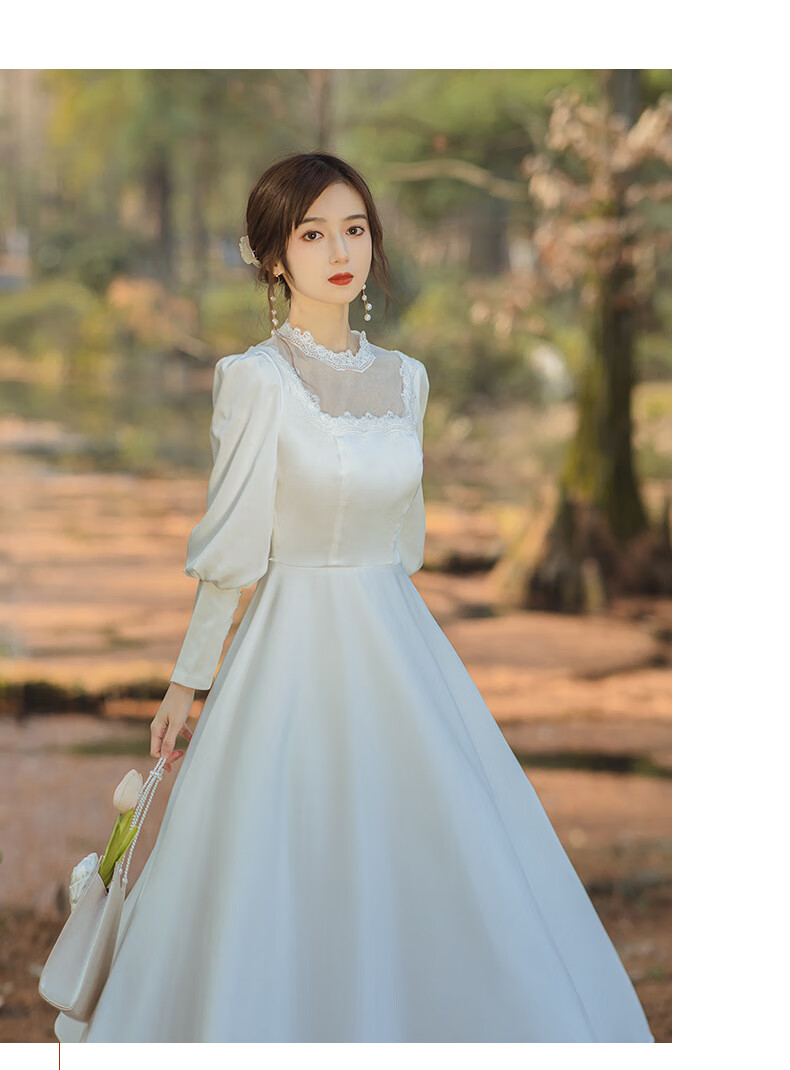小白裙领证登记连衣裙复古法式轻婚纱缎面小个子礼服日常订婚白色仅