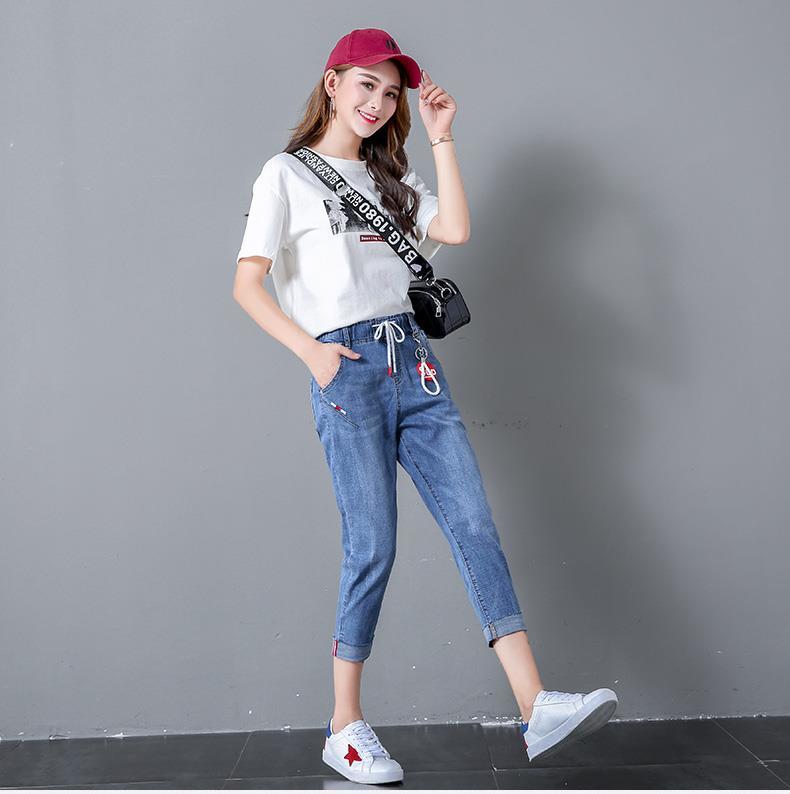gyeih大码高腰松紧腰七分牛仔裤女宽松夏薄款胖mm弹力女士7分显瘦休闲
