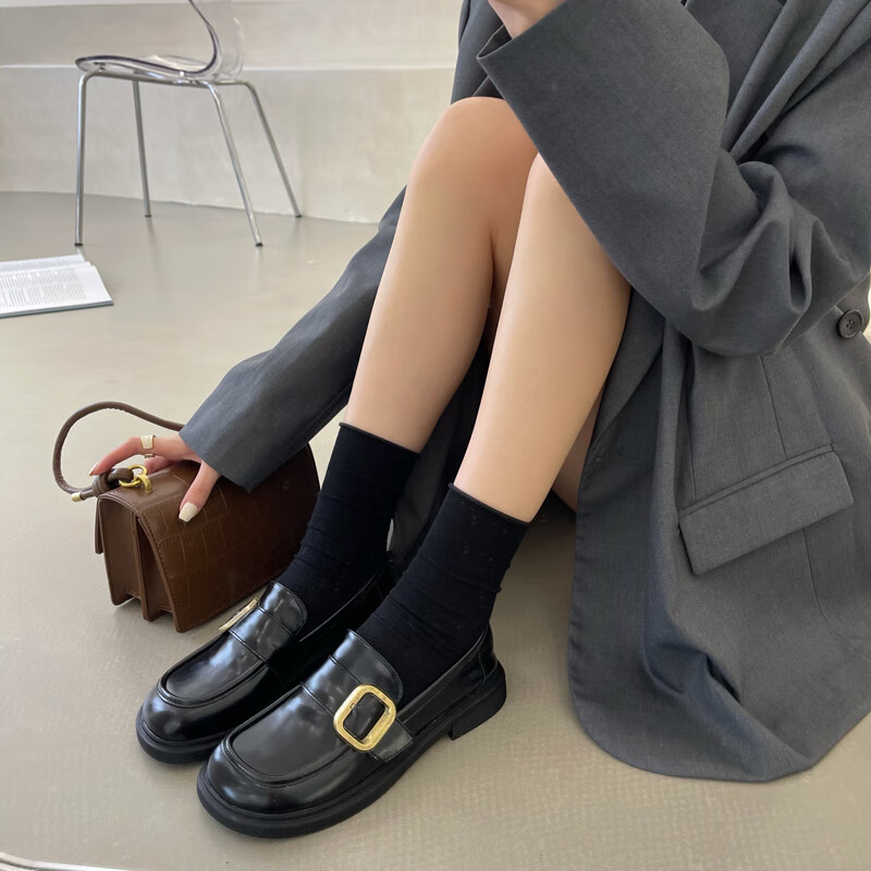 乐福鞋女2022年春季新款厚底英伦风小皮鞋平金属套脚软底豆豆单鞋卡其