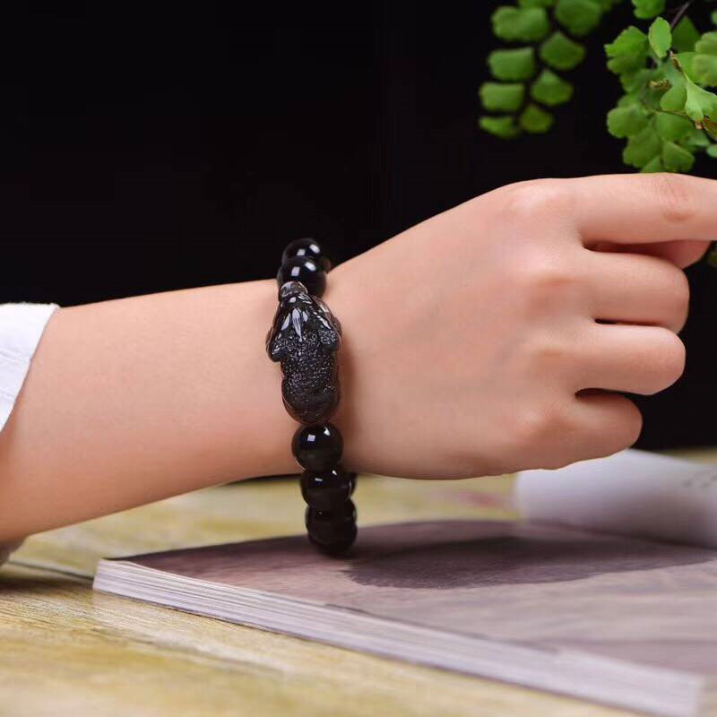 天然彩虹眼黑曜石三脚三足金蟾手链男女转运佛珠情侣手链p 珠子直径14