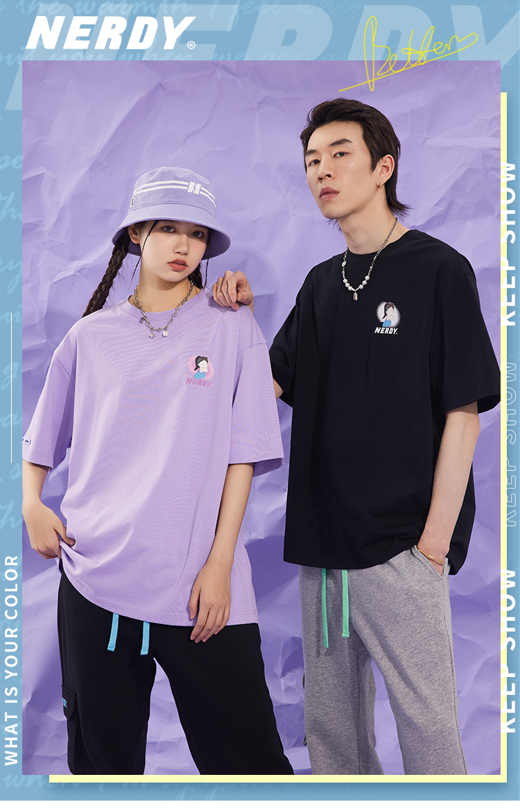 nerdynerdy2022年夏季圆领宽松个性女孩头像印花情侣短袖t恤女短t