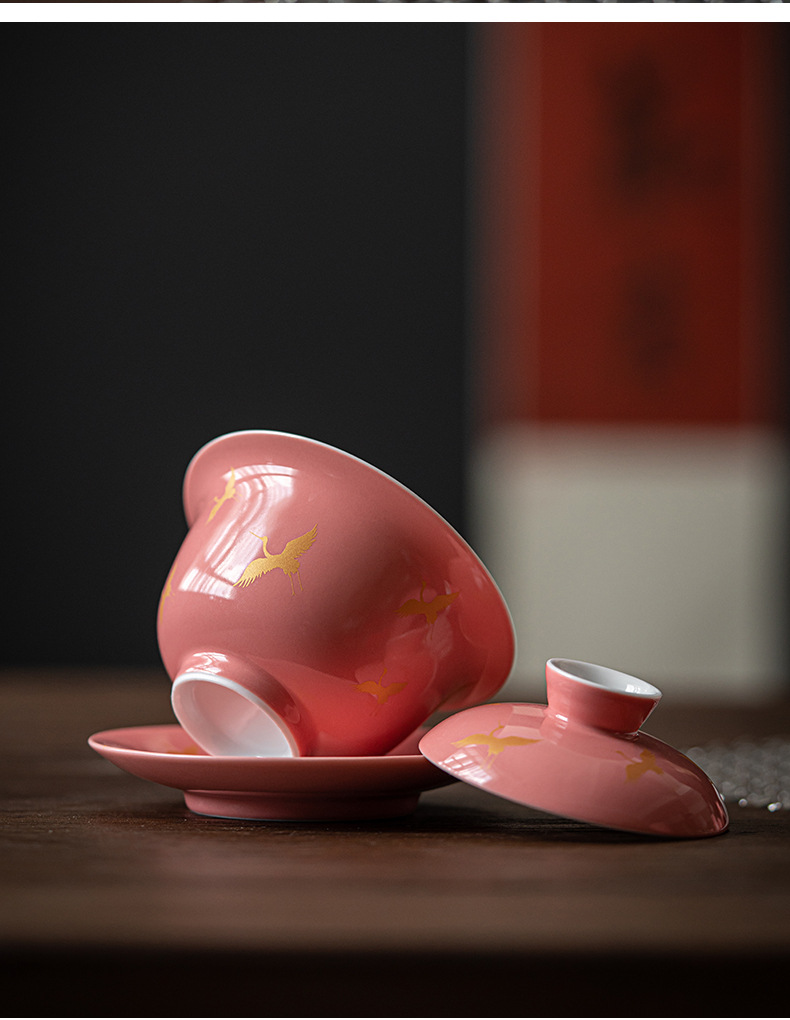 品茶客桃红釉仙鹤三才盖碗茶杯单个手工陶瓷泡茶器单个家用防烫茶碗带