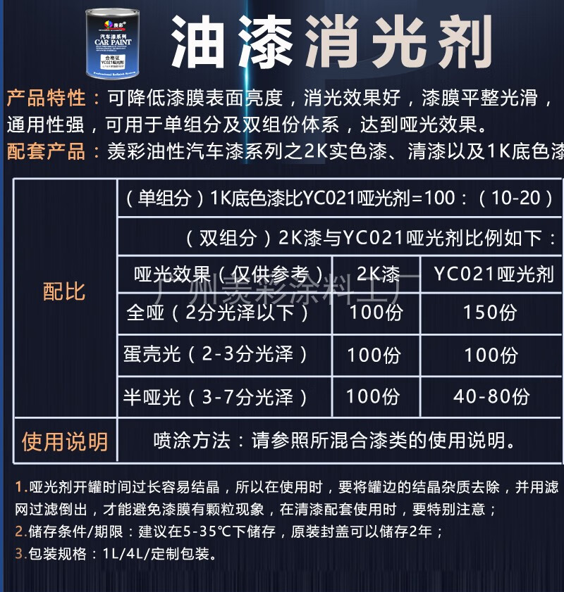 羡彩汽车油漆哑光剂丙烯调漆全哑半哑减光消光剂添加剂油漆大桶装