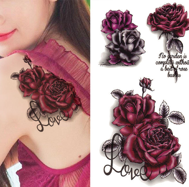 女生胸部纹身贴纹身贴防水女仿真性感玫瑰花朵3d纹身贴立体黑影纹身