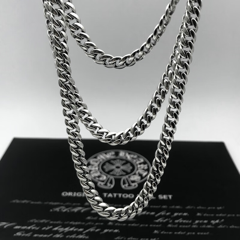 凌盛925银ch克罗心个性嘻哈男士女潮人日韩版复古65mm扁链古巴项链链