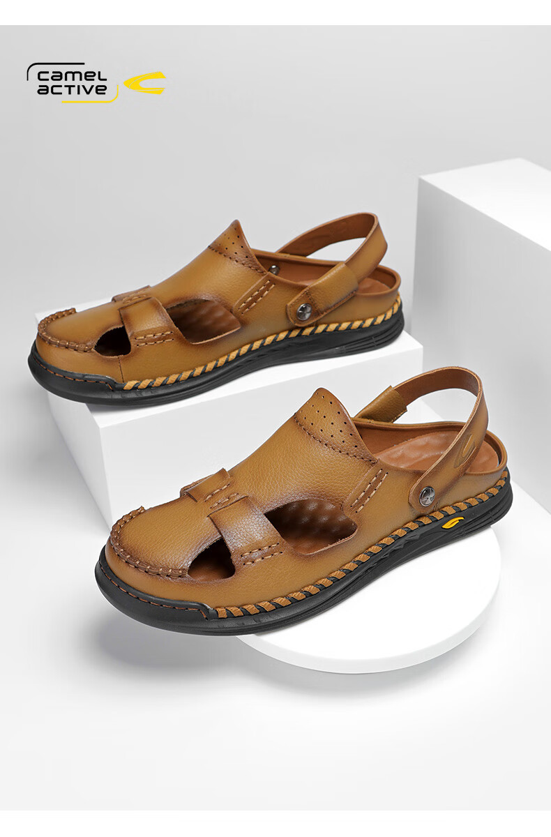 camelactive骆驼动感包头凉鞋男士夏季防滑沙滩鞋真皮凉拖鞋男棕色