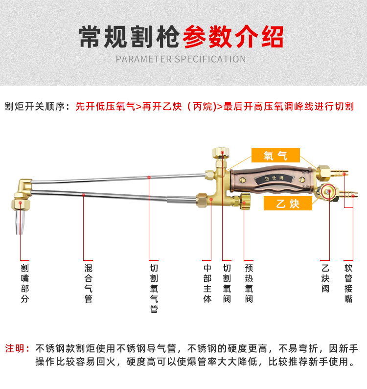 g0130100300全铜不锈钢加长加厚氧气乙炔割枪射吸式割炬焊枪紫铜中体