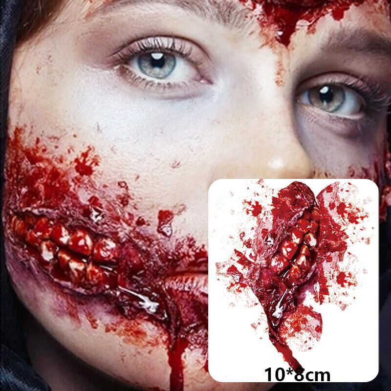 假伤口化妆道具 恐怖仿真纹身贴万圣节3d逼真流血假伤口伤疤咬痕抓痕