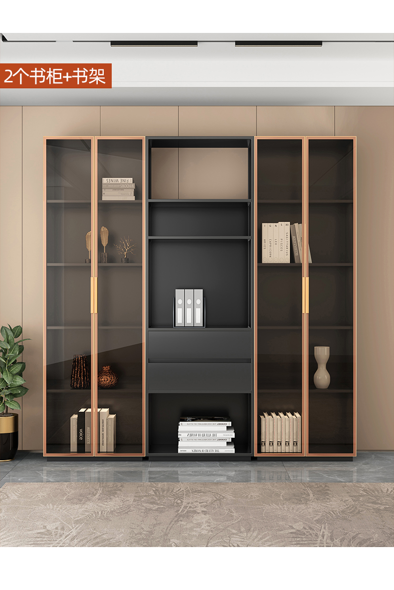 倾驰书架轻奢书柜简约带玻璃门现代家用组合书橱落地简易书架意式办公