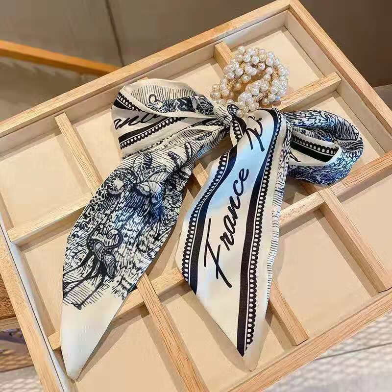 义乌小商品馆 网红丝巾发带头绳女新款绑发飘带法式珍珠发圈韩版扎