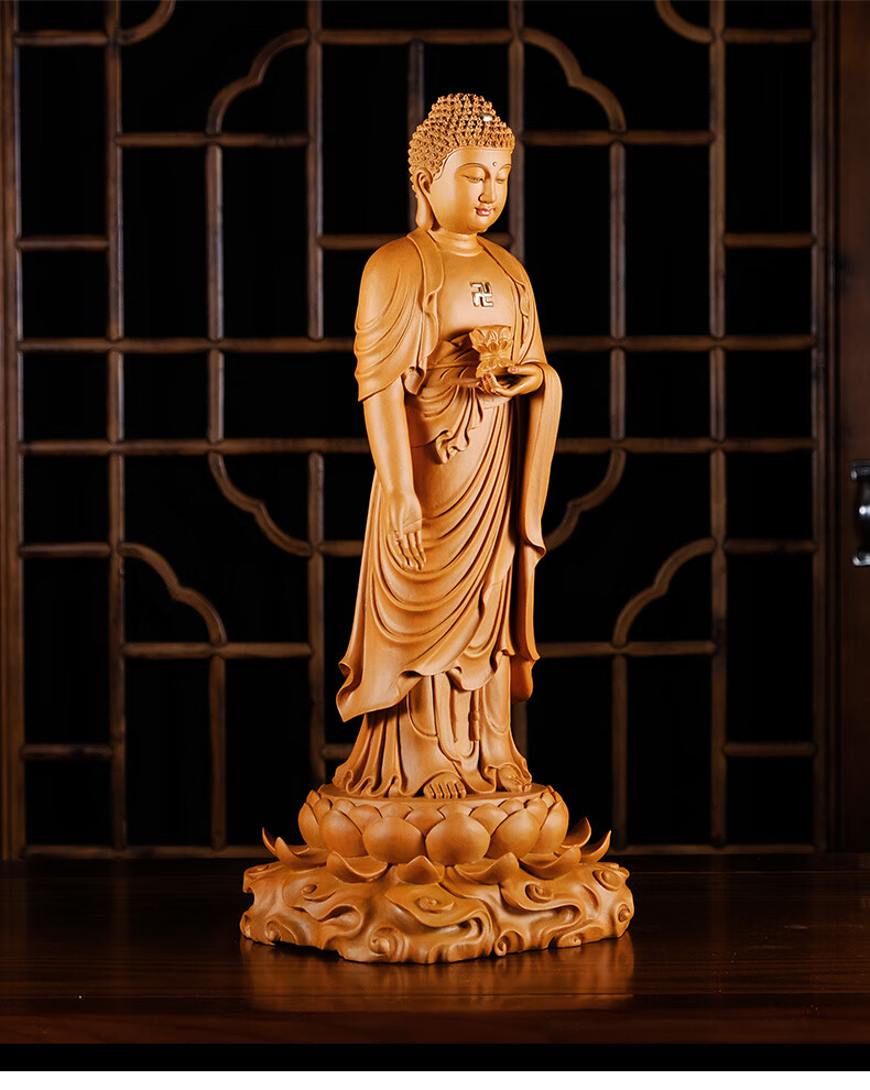 大咖之家 香樟木雕南无阿弥陀佛像居家奉供接引站像纯铜大摆件观音