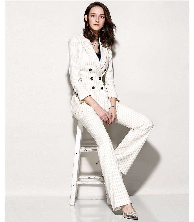 新款时尚气质女神范职业装正装洋气御姐风小西装套装白色条纹裤子xxl