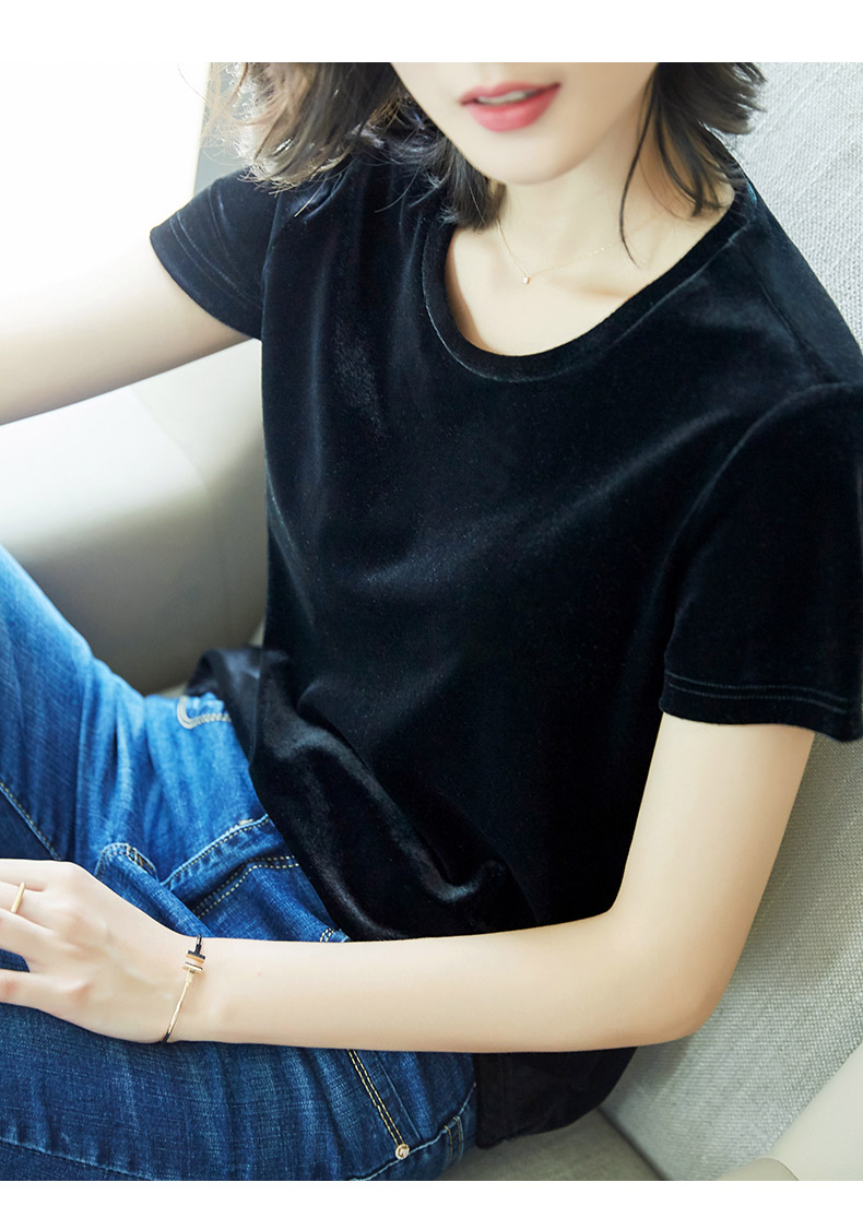 舒适】金丝绒上衣女春款黑色夏装2020短袖t恤韩版韩范学生圆领半袖t 2