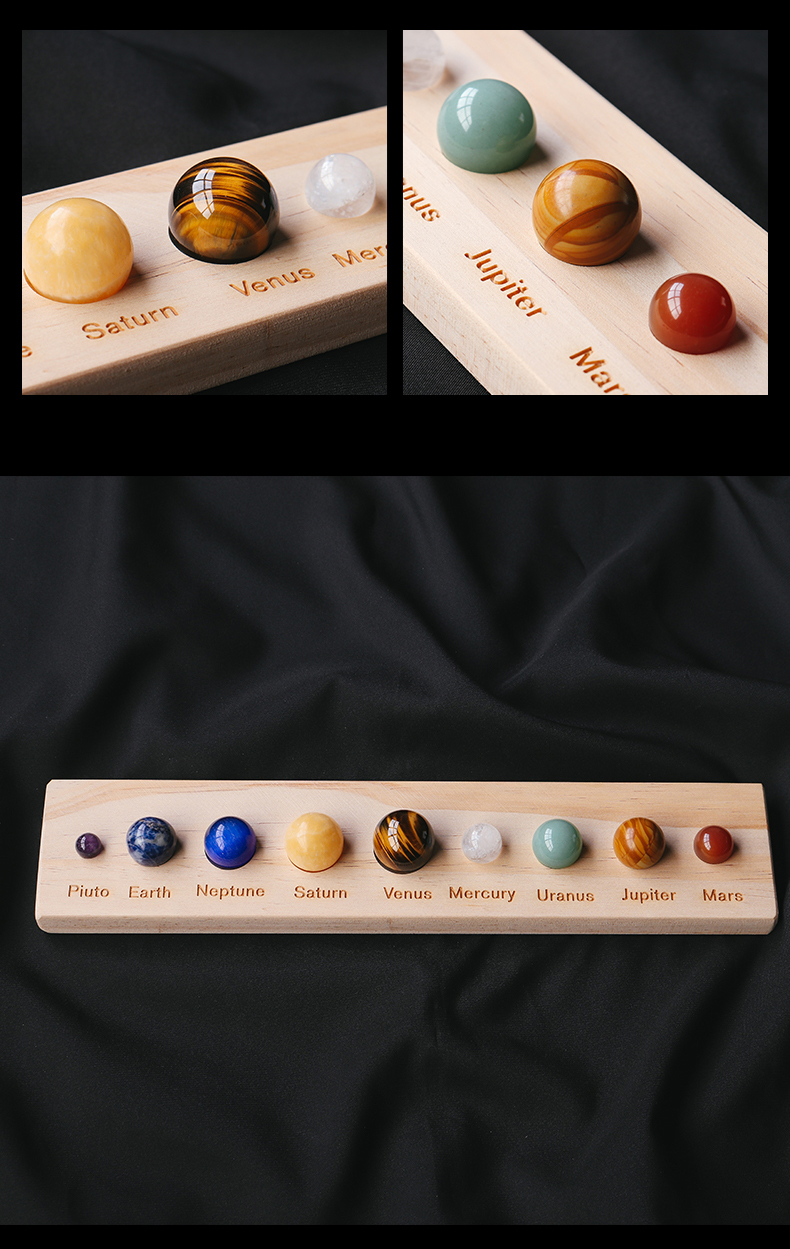 行星模型摆件天然水晶球宝石矿物标本儿童科普生日礼物木盒九大行星套
