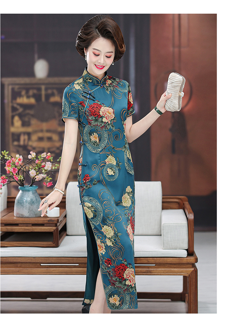 莎比菲中老年女夏装复古印花旗袍妈妈装连衣裙阔太太气质显瘦遮肚裙子