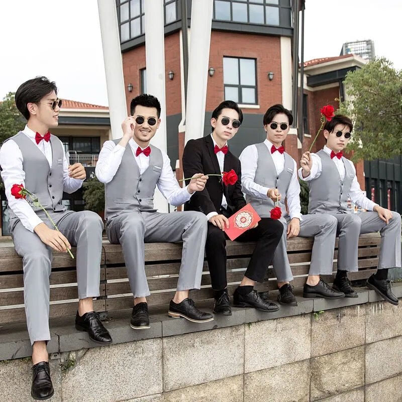 伴郎服兄弟装长袖白色衬衫结婚礼兄弟团衣服西式衬衣套装夏季寸衫短袖