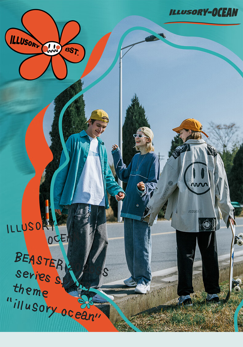 beaster国潮小恶魔满印鬼脸圆领卫衣男潮牌情侣装刺绣长袖t恤男女套头