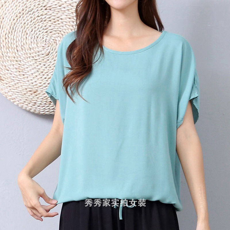 纯色棉绸上衣蝙蝠袖宽松显瘦短袖t恤人造棉汗衫绵绸速干w10卡通米奇